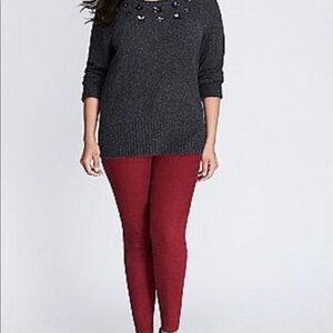 Lane Bryant- Gray sweater with flower embellishments round the neck.